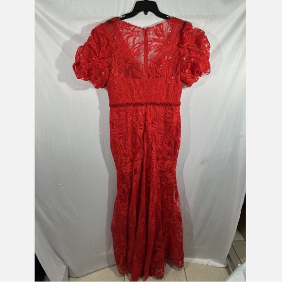 NWT $798 Mac Duggal [ 12 ] Embellished Puff‎ Sleeve Plunge Neck Trumpet Gown - Picture 13 of 15